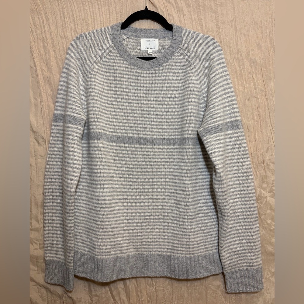 Men’s Billy Reid 100% Cashmere Sweater L Gray Stripe Neiman Marcus